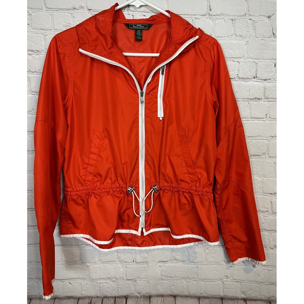 L-RL Lauren Active Womens Orange hooded Zip-Up Light Weight Wind Breaker, sz S